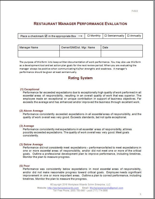 Restaurant Manager Performance Evaluation Form